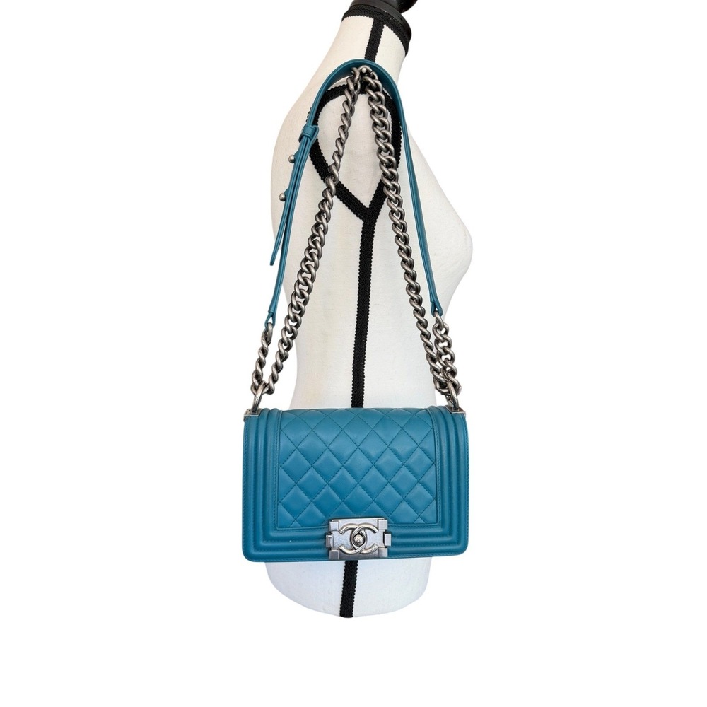 Chanel Boy Bag Small Teal Quilted Leather Ruthenium Chain Flap Crossbody - Picture 8 of 15